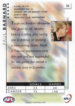 2003 Select XL Ultra AFL #36 Paul Barnard Back